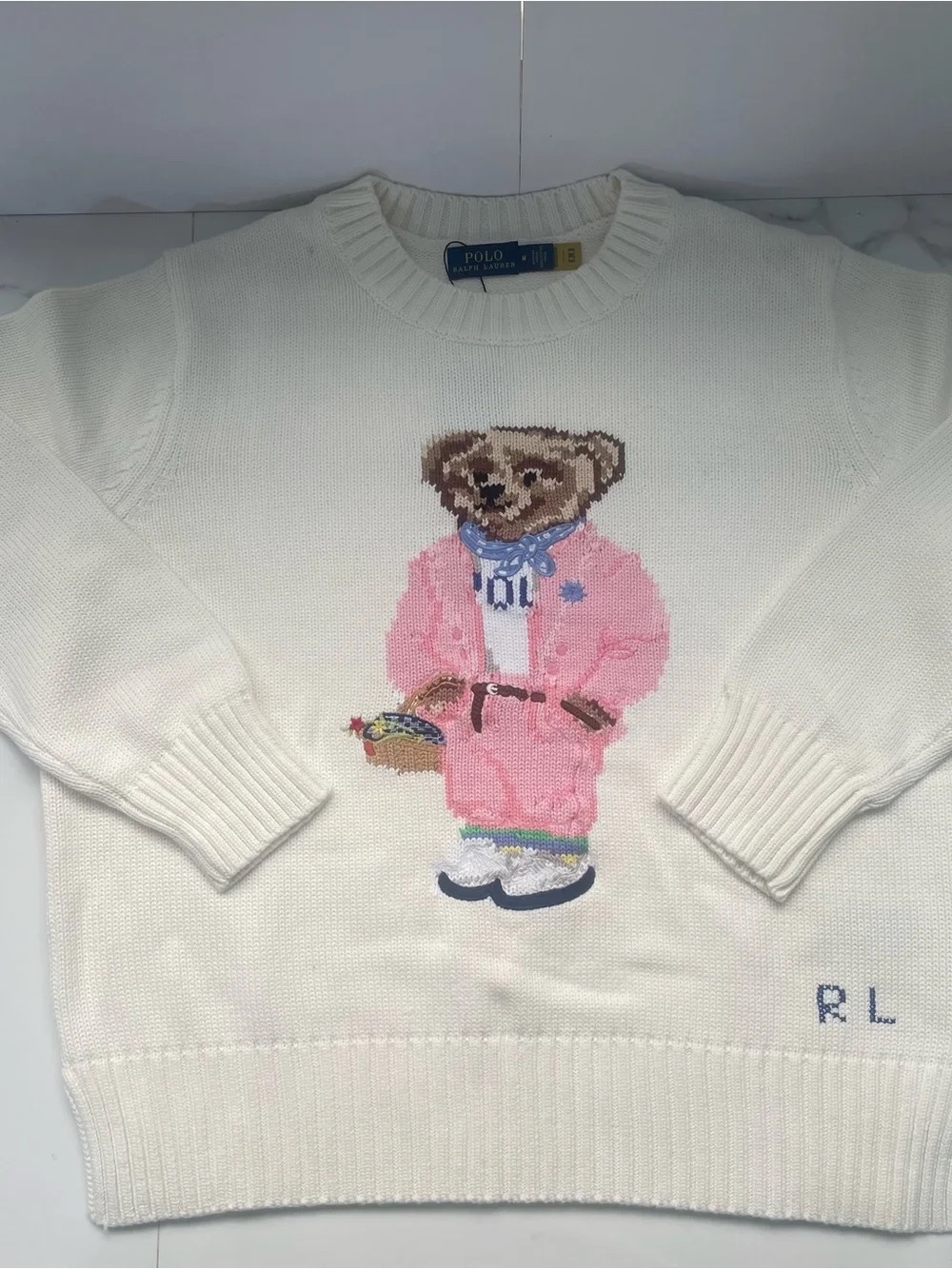 Ralph Lauren Cream Crewneck Sweater with Pink Polo Bear